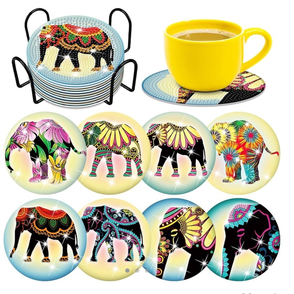 8 Pcs Elephant Diamond Art Coasters Kits with Holder